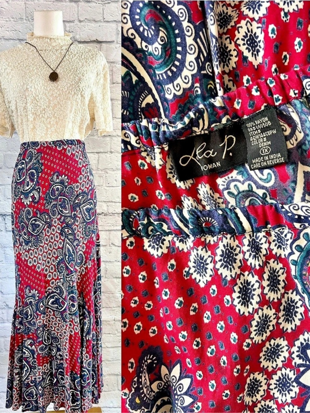 Vintage 90s Maxi Skirt 100% Rayon Paisley Print Red Blue Classic Old Money Eques